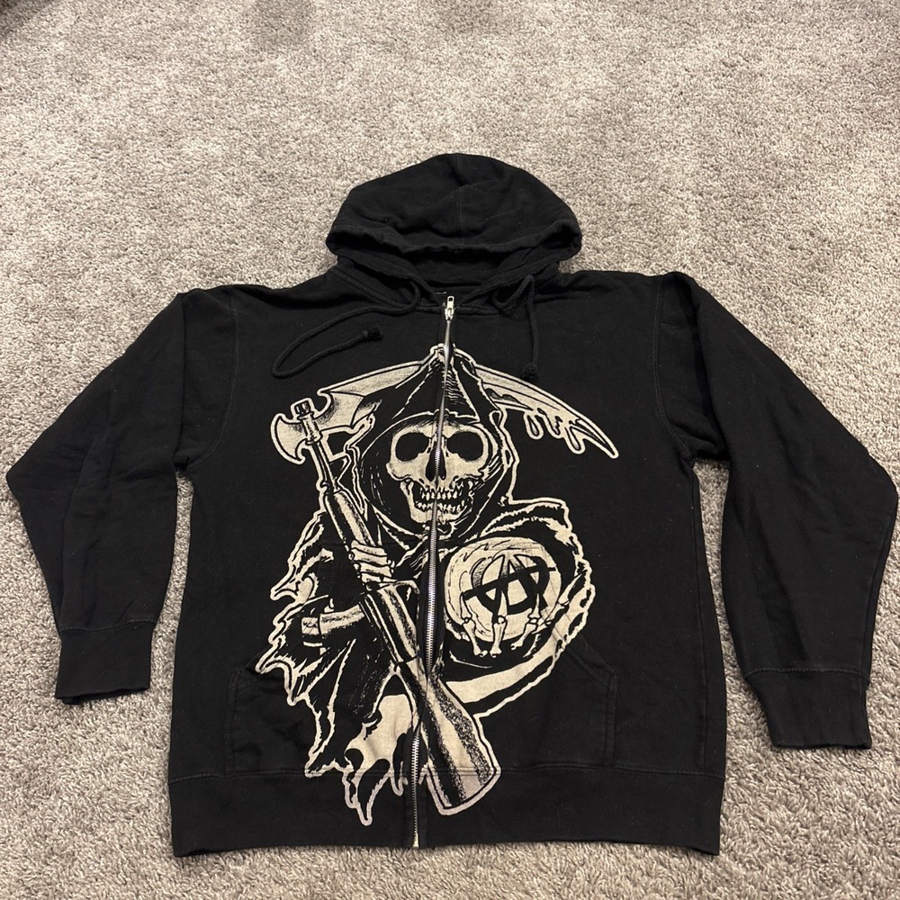Sons of Anarchy Zip Up Hoodie Mens Medium Black Good Grim Reaper SOA Graphic